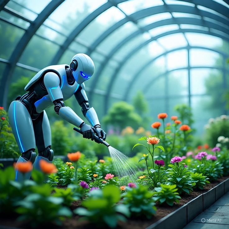 Robô autônomo irrigando canteiro de plantas em estufa de vidro
