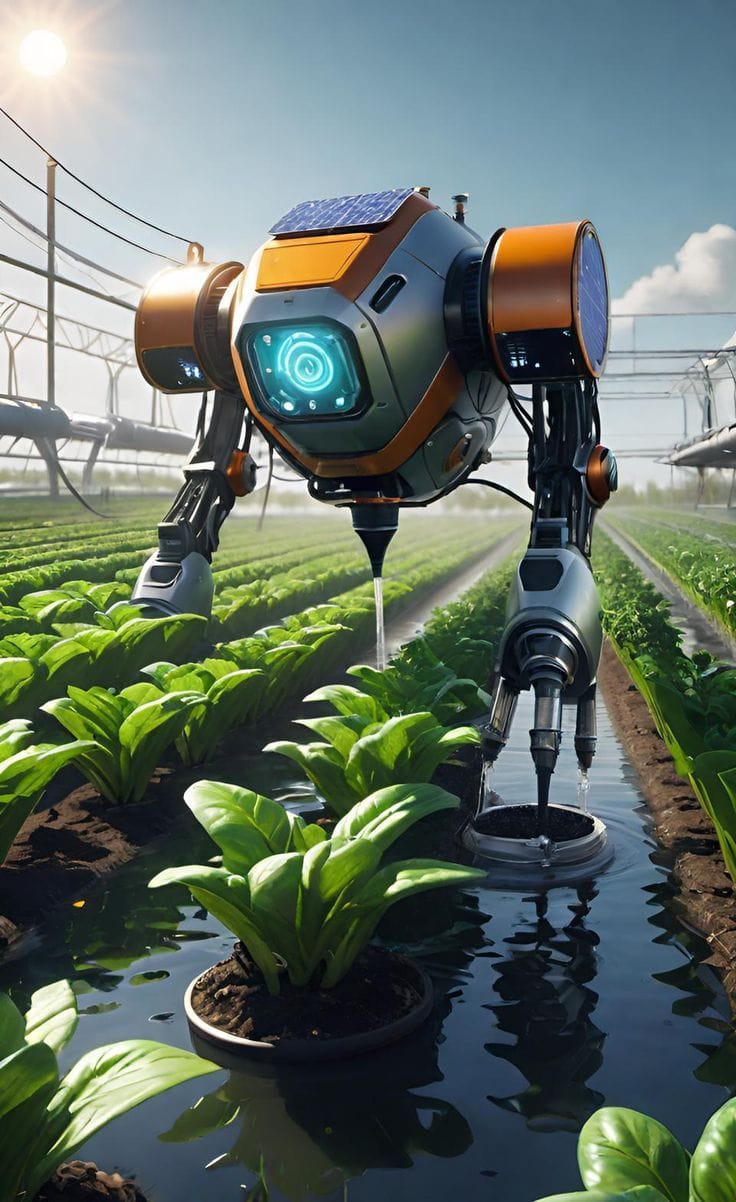Máquina autônoma com painel solar irrigando cultivo de hortaliças