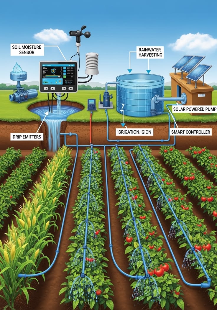 Sistema de irrigação por gotejamento com bomba solar e sensores de umidade do solo