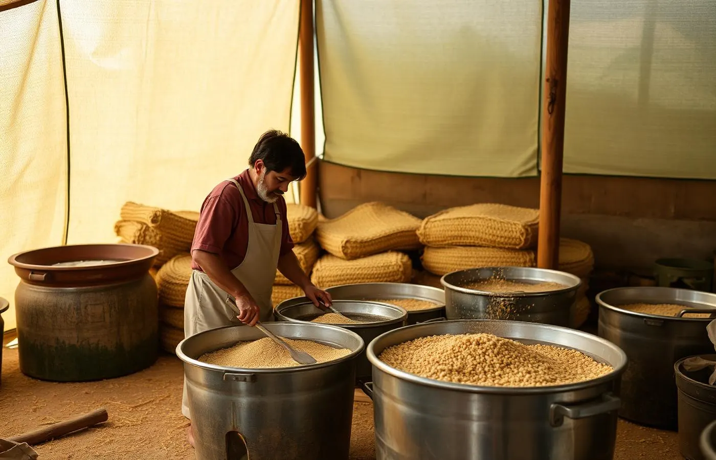 Agricultores processando mandioca em casa de farinha comunitária