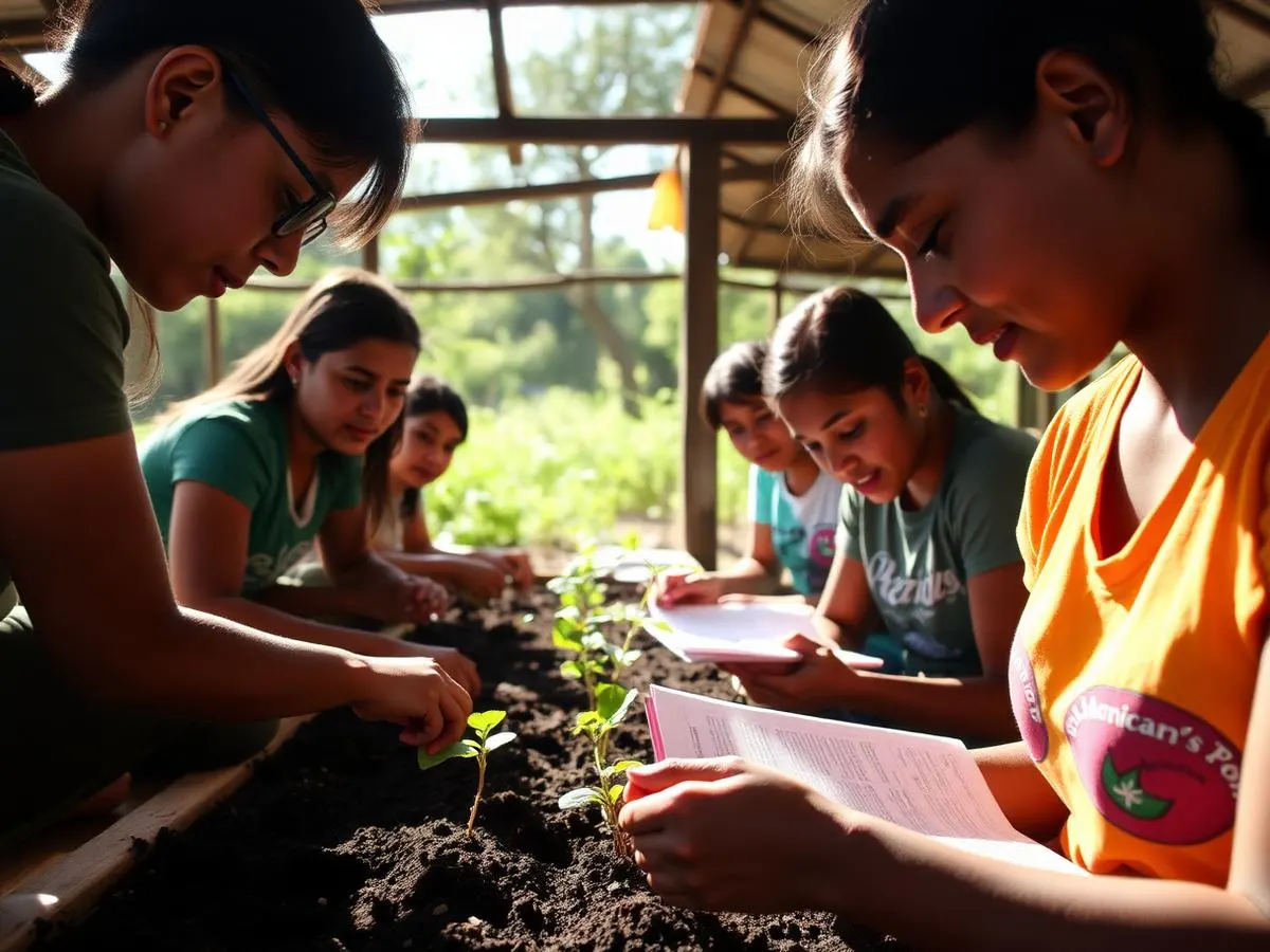 Educadores e estudantes em atividade prática de educação ambiental